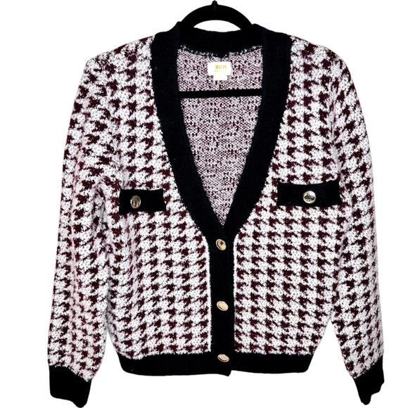 NEW Anthropologie Maeve Fuzzy Houndstooth Cardigan Sweater Small Black White - Picture 6 of 16